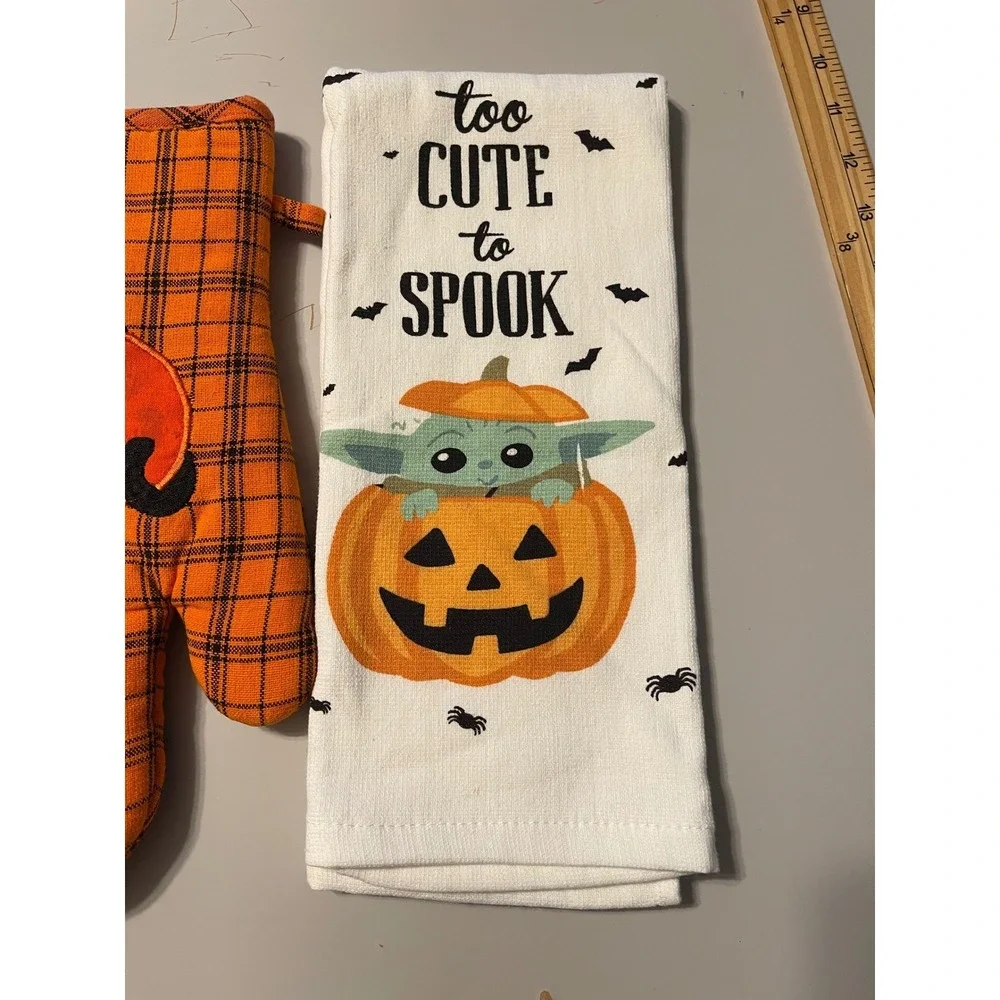 Halloween Kitchen Towel & Oven Mitt Set OS Orange Black Excellent Cat